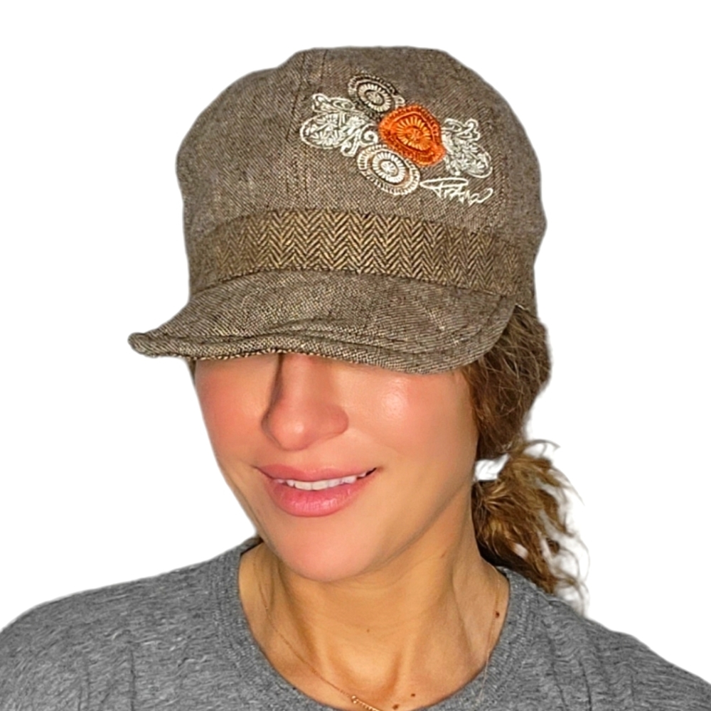 Prana Newsboy Cap Brown Embroidered One Size Wire Rim Elastic Back